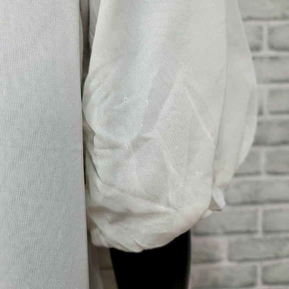 Vintage 70s Sheer Ivory Nylon Robe Ruffle Trim Puff Short Sleeve Tie Collar - Picture 7 of 10